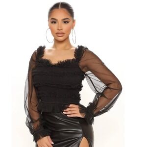 Mable‎ Top Womens Large Black Sheer Long Sleeve Off Shoulder Mesh Ruched Blouse